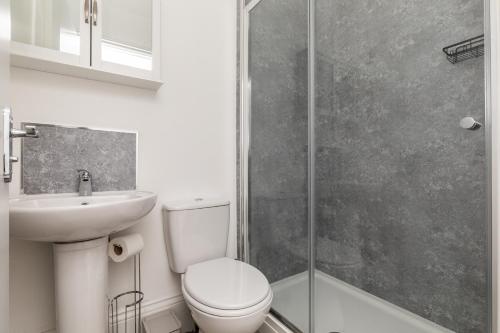 a bathroom with a toilet and a sink and a shower at Dove Court Travel Lodge 1 - Ground Floor Ensuite in Bristol