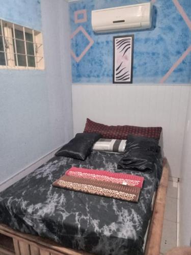 a bed with pillows on it in a room at Quarto refrigerado com cama de casal in Coxipó da Ponte