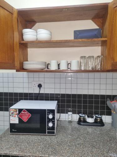 a microwave on a counter in a kitchen at Cessy's Apartments in Mtwapa