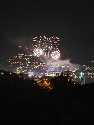 a firework display at night with a city in the background at La Grande Apartments in Kotor
