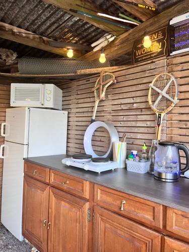 - une cuisine avec un comptoir et un réfrigérateur dans l'établissement Bateaupirate19, à Cornil