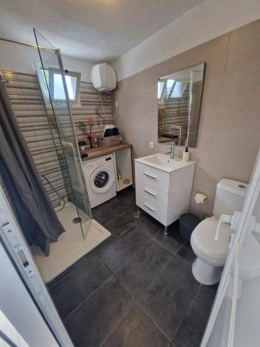 Un baño con inodoro, lavabo y ducha. en Casita Dorotea, en Sabinosa