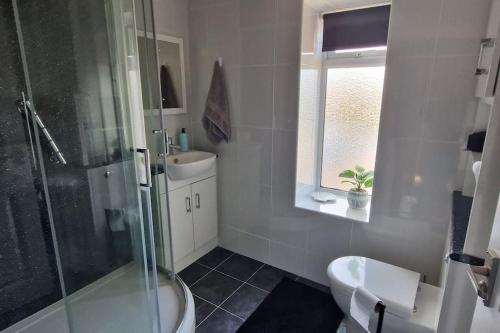 a bathroom with a shower and a toilet and a sink at Akwa a modern seaside gem in Staithes