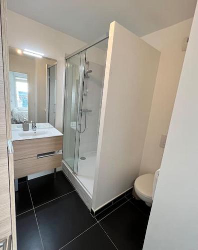 une salle de bain avec une douche, un lavabo et des toilettes dans l'établissement Charming apartment with 3 bedrooms and terrace, à Saint-Ouen