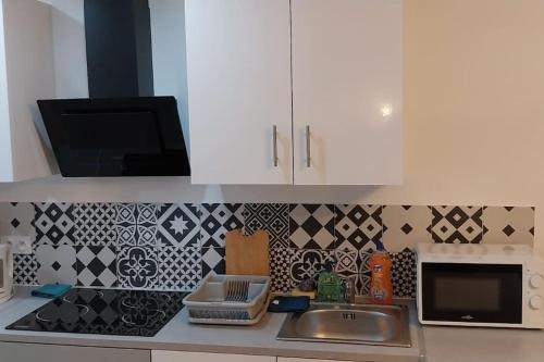 un comptoir de cuisine avec un évier et un micro-ondes dans l'établissement Cosy T2 au centre historique de la ville Toulon, à Toulon