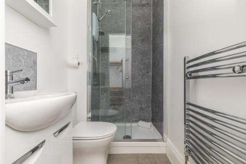 a bathroom with a toilet and a sink and a shower at Dove Court Travel Lodge 4 - First Floor Ensuite in Bristol
