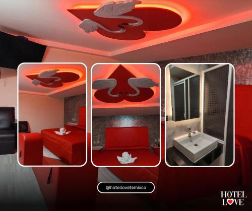 kolaż zdjęć sypialni z sufitem w stylu superbohatera w obiekcie Hotel Love w mieście Temixco