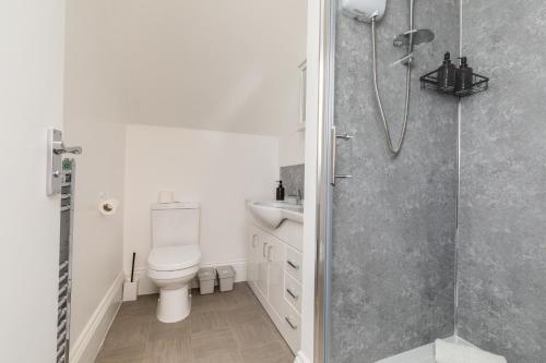a bathroom with a shower with a toilet and a sink at Dove Court Travel Lodge 6 - Top Floor Double Bedroom in Bristol