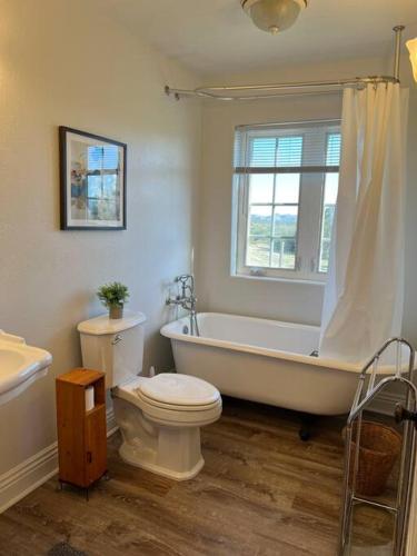 a bathroom with a tub and a toilet and a sink at Stylish Country Home with Hot Tub and Amazing Views on 40 Acres in Ranchita