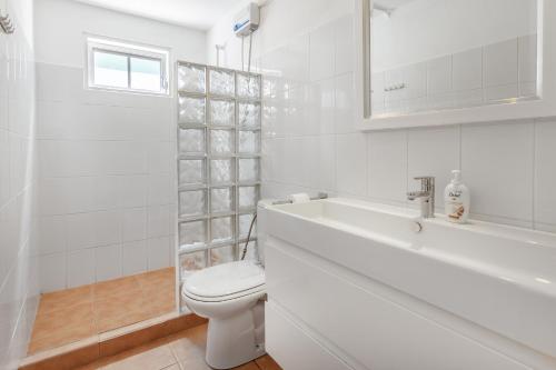 ウィレムスタッドにある6 persoons vakantiehuis in Jan Thielのトイレと洗面台を備えた白いバスルーム