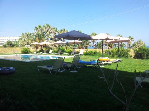 a yard with chairs and umbrellas and a pool at Babis Hotel in Skaleta