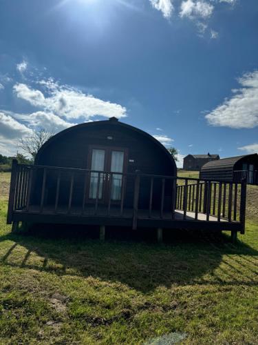 a black dome house with a bench in the grass at Lanercost lodges in Carlisle