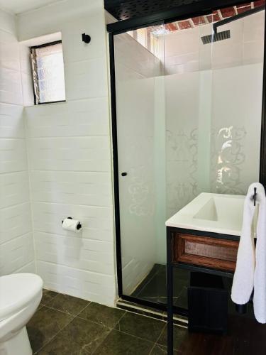 a bathroom with a shower and a sink and a toilet at Hotel Boutique La Mansión Guadalajara in Guadalajara
