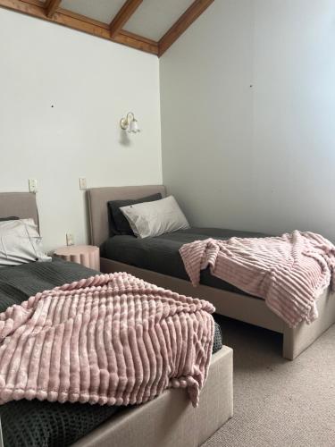 a bedroom with two beds and a blanket at Heart of Windsor in Invercargill