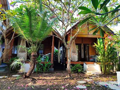 two palm trees in front of a house at Gili Moonlight bungalows in Gili Air