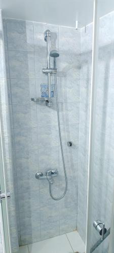 a shower with a glass door in a bathroom at Thissio Hideaway Suite in Athens