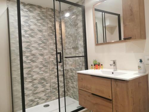 une salle de bain avec douche et lavabo dans l'établissement Appartement Cosy 2-4 personnes avec terrasse, à Marlens