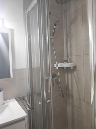 une douche avec une porte vitrée dans une salle de bain dans l'établissement studio cabine avec véranda et terrasse, à Luchon
