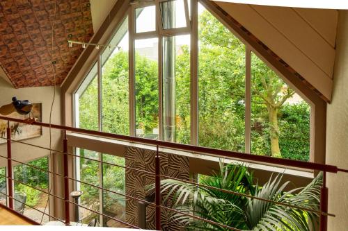 a room with a large window with a plant at Niederrheinhaus in Rheinberg
