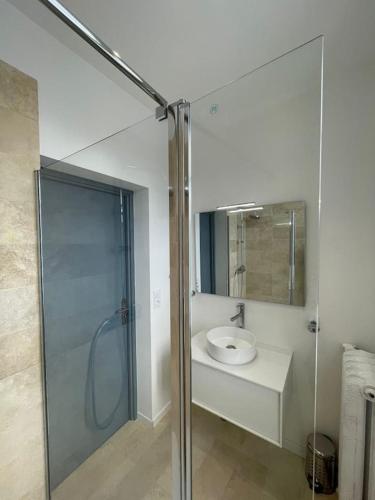 a bathroom with a glass shower and a sink at CHTX Hôtel particulier Albert Ier in Châteauroux