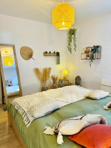 une chambre avec un grand lit et un miroir dans l'établissement Le Coccon Entre Basso Cambo et Lardenne, à Toulouse