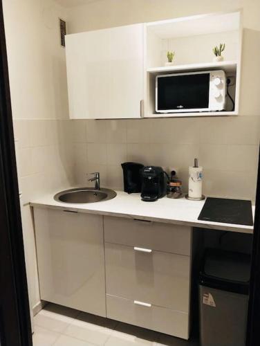 une petite cuisine avec un évier et un micro-ondes dans l'établissement Bel appartement proche de Paris - 15 minutes, à Bondy