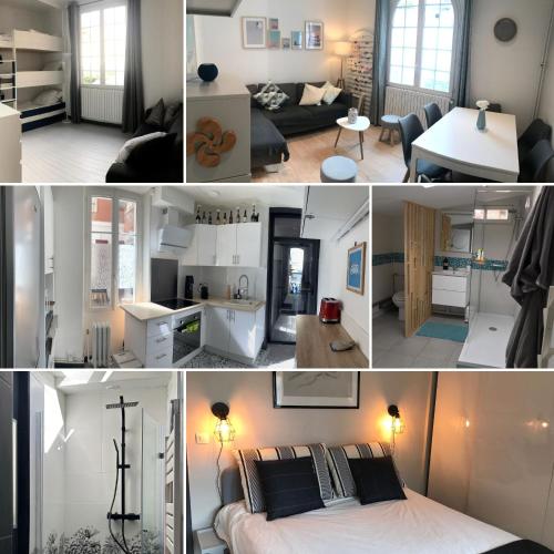 un collage de photos d'une chambre et d'un salon dans l'établissement Chalet basque 6 couchages centre ville Biarritz, à Biarritz