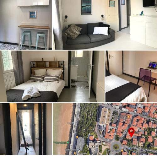 un collage de photos d'une chambre et d'un salon dans l'établissement Chalet basque 6 couchages centre ville Biarritz, à Biarritz