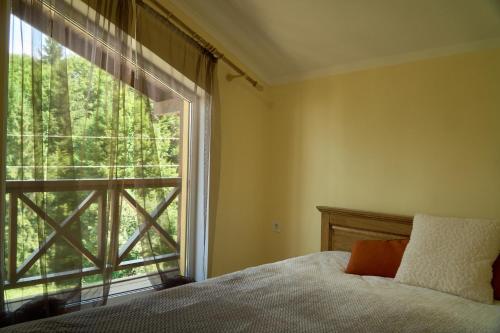 a bedroom with a bed and a large window at Yellow House in Pilipets
