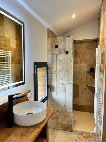une salle de bain avec un lavabo et une douche dans l'établissement Le Havre d Adrien, à Illiat