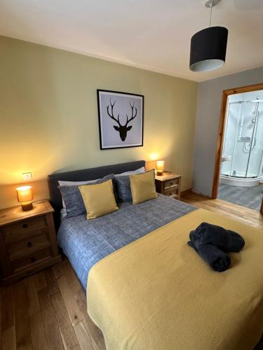 a bedroom with a bed with blue sheets and yellow pillows at Metro 8 Inverness City Centre in Inverness