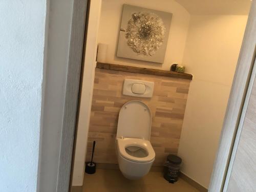 a bathroom with a toilet with the lid up at Appartement AltstadtLiebe in Weitra