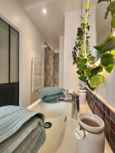 La salle de bains est pourvue de toilettes, d'un lavabo et de serviettes. dans l'établissement Le Garden Champ'- Duplex, jardin, à Épernay