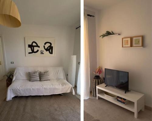 2 Bilder eines Schlafzimmers mit einem Bett und einem TV in der Unterkunft Apartamento con Vista al mar y piscina en Puerto Santiago Tenerife in Puerto de Santiago
