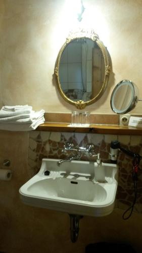 a bathroom with a sink and a mirror on a shelf at Historische Wassermühle in Birgel