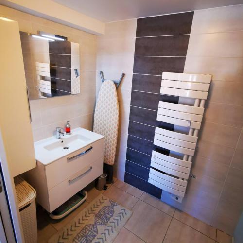 une salle de bain avec un lavabo et un miroir dans l'établissement 1BR Apartment T2 54m2 Onde Marine 2nd floor Lift Wifi AC Parking, à Port-Vendres