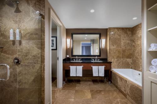 a bathroom with a tub and a sink and a mirror at Macon Marriott City Center in Macon