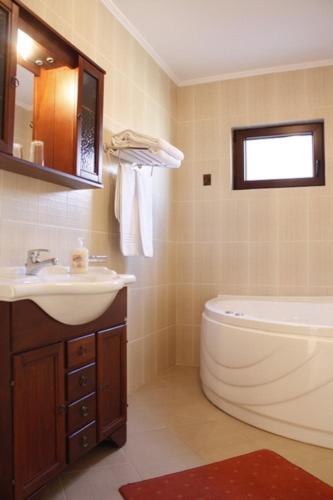 a bathroom with a sink and a toilet and a tub at Pension Casa Ali & Andu in Buşteni
