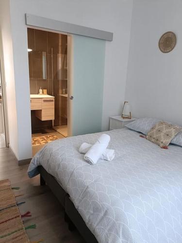 une chambre avec un lit avec deux oreillers dessus dans l'établissement T3 centre-ville avec parking, à Tours