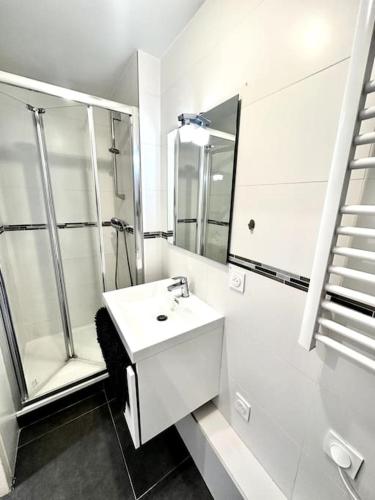 une salle de bain blanche avec une douche et un lavabo dans l'établissement Confort près de Genève, à Annemasse