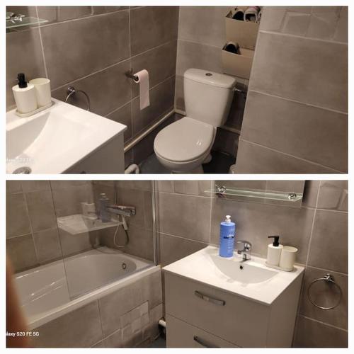 une salle de bain avec un lavabo, des toilettes et une baignoire dans l'établissement sam34, à Montpellier