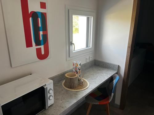 a kitchen with a counter with a microwave and a chair at Près Colmar 6 bis in Wolfgantzen