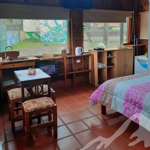 a bedroom with a bed and a desk and a table at Cabaña La iluminada in Tandil