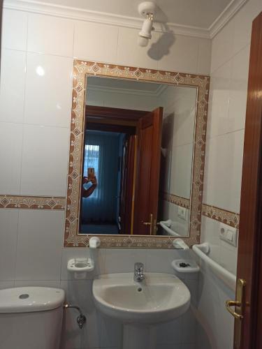 a bathroom with a sink and a toilet and a mirror at Apartamento Casuca, terraza y jardín in Ajo