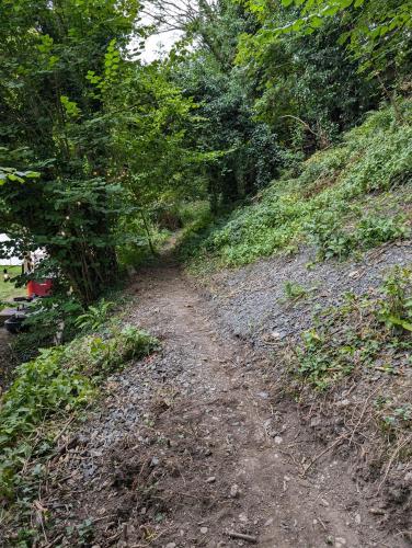 a dirt trail with trees on the side of a hill at Kestrel lodge in Wrexham