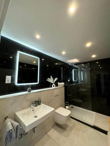 a bathroom with a sink and a toilet and a tub at Hotel zum Rittersprung in Altenahr