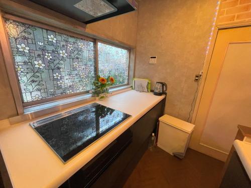 a bathroom with a sink and a window at Tatami room & Living Room equipped with Multinational TV and Fire, BBQ corner in Tokyo Downtown House in Tokyo
