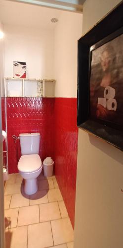 La salle de bains est pourvue de toilettes et de murs rouges. dans l'établissement appartement grand confort coeur de ville, à Narbonne