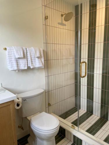 a bathroom with a toilet and a shower at The Beacon in Salter Path