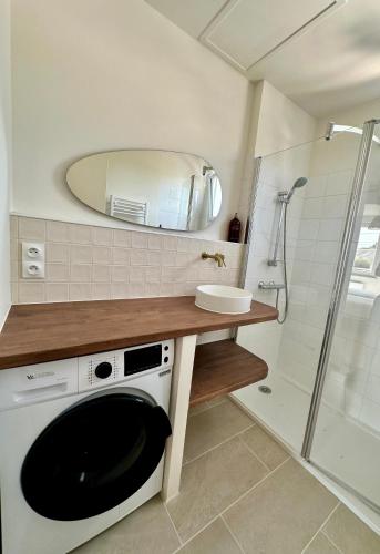 a bathroom with a sink and a washing machine at Charmante Maison avec Terrasse in Angers